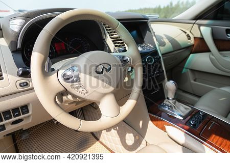 Novosibirsk, Russia - May 16, 2021: Infiniti Qx, Interior Of New Modern Suv Car With Automatic Trans