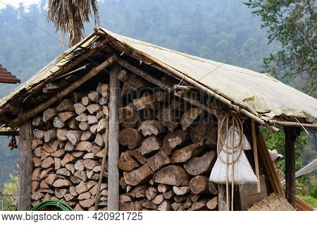 Outdoor Firewood Storage Hut, Storage Space Open And Well Ventilated.