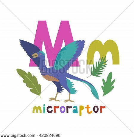 Microraptor. Cute Cartoon Hand Drawn Illustration With Dinosaur And M Letter.