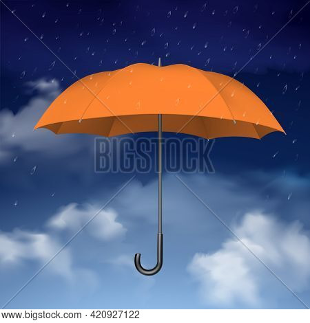 Colorful Design Concept Of Orange Umbrella At Blue Sky Background With Clouds And Raindrops Vector I