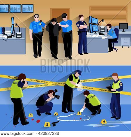 Horizontal Banners Compositions Of  Policeman People In Office And Criminalists Working Outside Flat