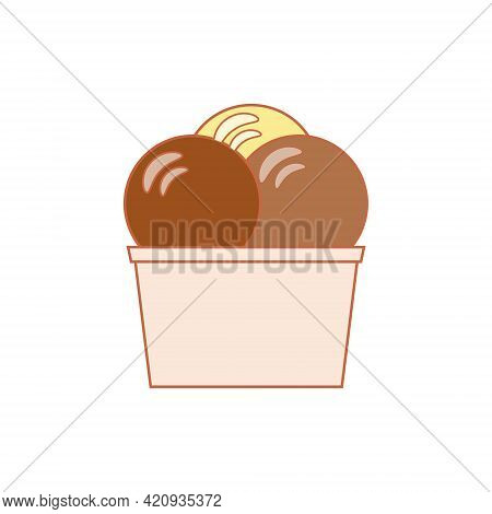 Line Art Vector Illustration Of A Paper Cup With Chocolate, Hazelnut And Vanilla Ice Cream Balls Of 