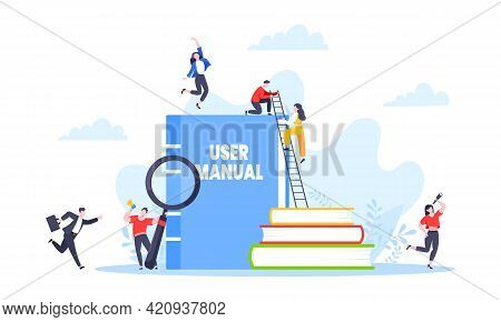 User Manual Guide Book Flat Style Design Vector Illustration. Tiny People, Magnifying Glass And Guid