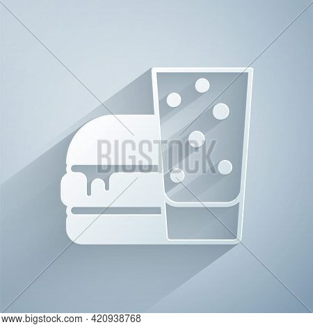 Paper Cut Burger Icon Isolated On Grey Background. Hamburger Icon. Cheeseburger Sandwich Sign. Fast 