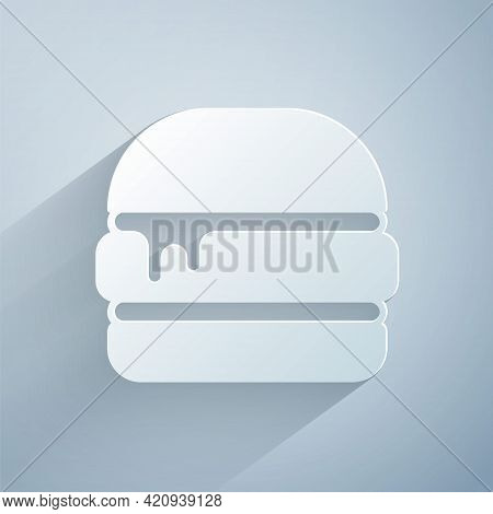 Paper Cut Burger Icon Isolated On Grey Background. Hamburger Icon. Cheeseburger Sandwich Sign. Fast 