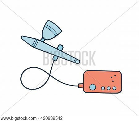 Hand Drawn Airbrush. Aerograph In Doodle Style. Air Brush Tool. Vector Illustration On White Backgro