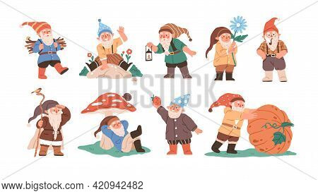 Happy Cute Little Gnomes In Autumn. Funny Bearded Garden Dwarfs With Lantern, Flower, Pipe, Mushroom