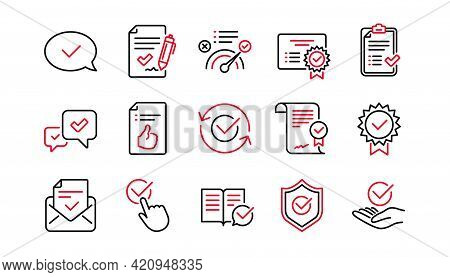 Approve Line Icons. Checklist, Certificate And Award Medal. Thumbs Up Certified Document Linear Icon