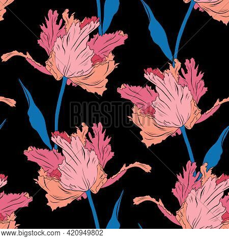 Terry Pink Pretty Tulips. Seamless Pattern. Hand Drawn Vector Illustration. Line Art. Texture For Pr
