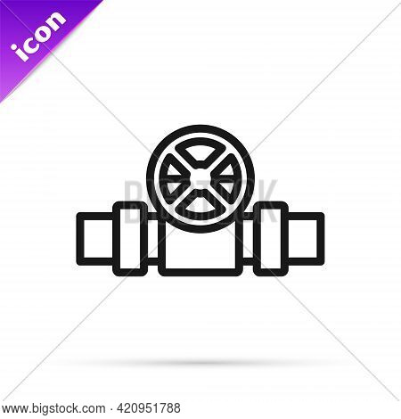 Black Line Industry Metallic Pipes And Valve Icon Isolated On White Background. Vector
