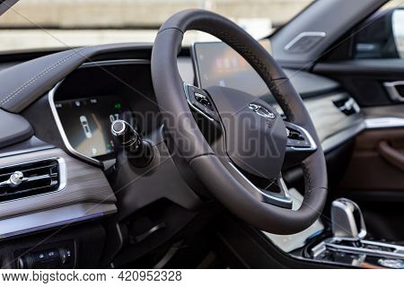 Moscow, Russia - March 18, 2021: Interior Of A New Seven-seater Minivan Chery Tiggo 8 Pro. Chinese C