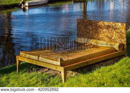 22 January 2021, Leiden, Netherlands, Golden Bed As A Exhibit In Front Of The National Museum Of Eth