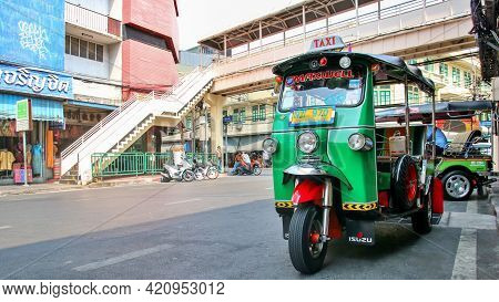Bangkok, Thailand : March 1, 2021 - Tuk-tuk Car Or 3 Wheeler Taxi Is Waiting For Passengers To Servi