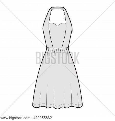 Dress Halterneck Technical Fashion Illustration With Sleeveless, Fitted Body, Knee Semi-circular Len