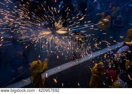Barcelona, Spain, Sept 22, 2018 - Sparks Of Pyrotechnics, Smoke And Fire On Traditional Correfoc Pro