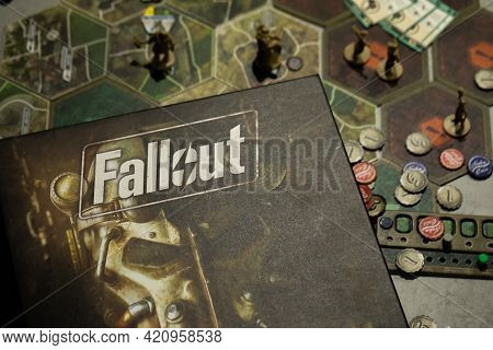 Roseville, Mn, Usa, 02.04.2021 - Fallout Strategy Post-apocalyptic Board Game Components On Map Tile
