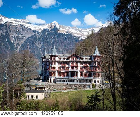 Giessbach, Switzerland - April 20 2021: Famous Grand Hotel Giessbach