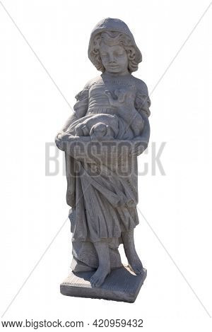 Stone sculpture of girl holding puppies in basket on white background. art and classical style romantic figurative stone sculpture.