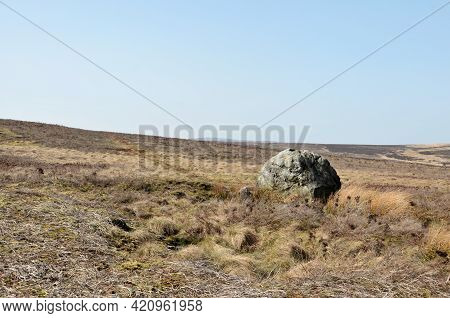 Pennine Landscape With Large Old Boulder Or Standing Stone On Midgley Moor In West Yorkshire