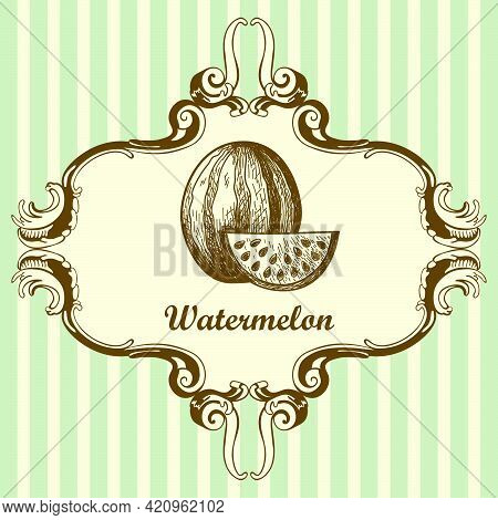 Icon Of Watermelon. Hand Drawn Sketch. Retro Vintage Design. Vector Illustration.
