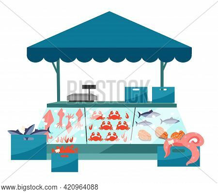 Seafood Market Stall Flat Illustration. Fresh Sea Food In Ice Trade Tent, Fish Counter. Fair, Summer
