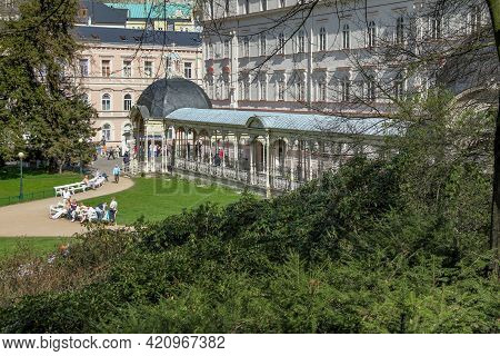 Karlovy Vary, Czech - April 26, 2012: This Is The Garden Colonnade With Mineral Water Fountains In T