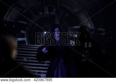 MAY 17 2021: scene from Star Wars Return of the Jedi, Sith Emperor Palpatine confronts Luke Skywalker, Vader watches - Hasbro action figures
