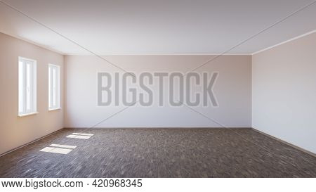Beautiful Empty Interior With Parquet Floor, Two Plastic Windows, Beige Walls And Wooden Plinth, Lit