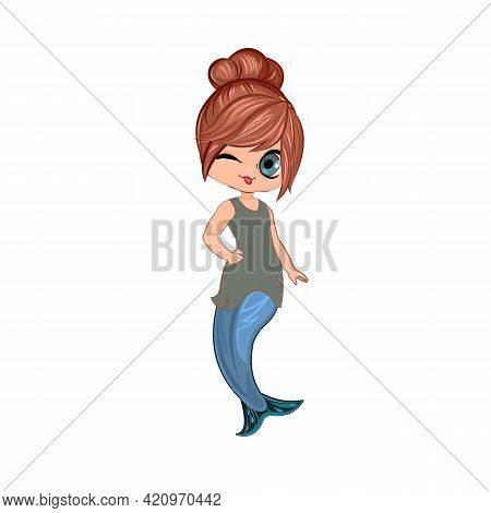 Little Mermaid Girl. Flirts. Handsome Fashionable Child. The Isolated Object On A White Background. 