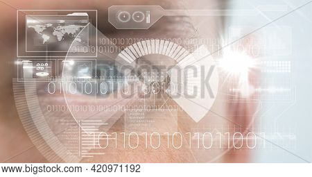 Composition of scope scanning, binary coding and data processing over man's face. digital interface and identity concept digitally generated image.