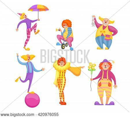 Set Of Cute Circus Clowns Characters. Cartoon Vector Illustration. Funny Jokers Doing Tricks And Mak