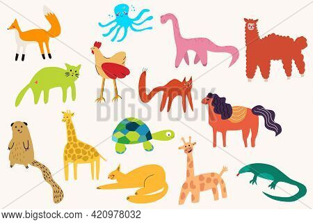 A Large Set Of Vector Animals Drawn By Hand. Giraffe, Cat, Dinosaur, Beaver, Fox, Puteh. Animals For