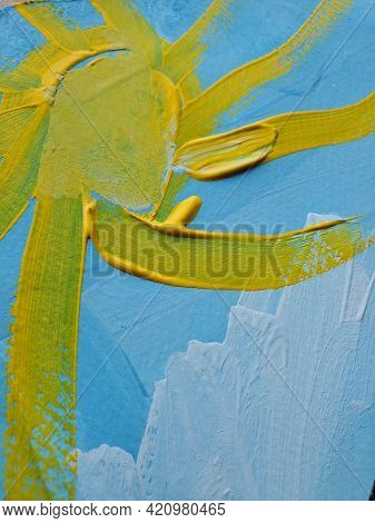 Yellow Sun On Blue Background. Kids Painting Created By 5s Child Using Finger Paints On Paper. Naive