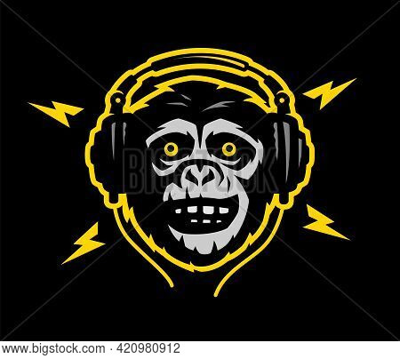Head Of A Monkey With Headphoneson A Light And Dark Background. Vector Illustration.