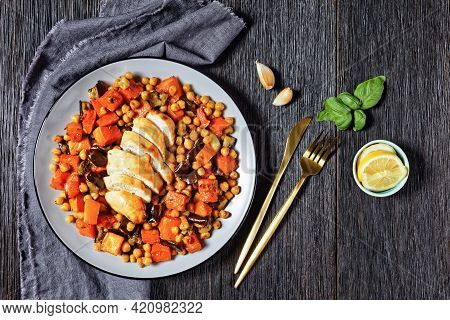 Traybake Salad Of Chickpea With Butternut, Eggplant, With Lemon And Baked Chicken Breast, Served On 