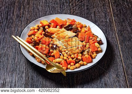 Traybake Salad Of Chickpea With Butternut, Eggplant, With Lemon And Baked Chicken Breast, Served On 