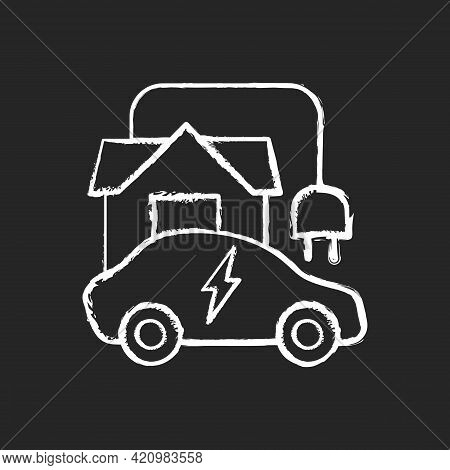 Home Ev Charging Point Chalk White Icon On Black Background. Fueling Up Electronic Vehicle At Home. 