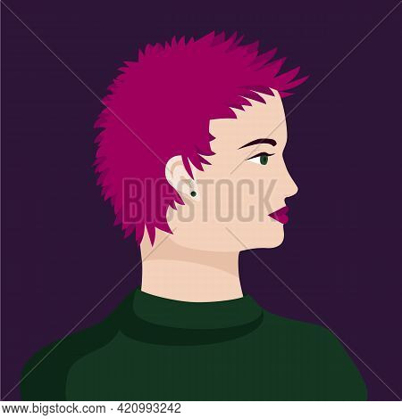 Portrait Of A Bright Pink Short Haired Caucasian Woman With Green Eyes In Green Sweter. The Head Of 