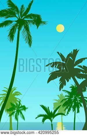 Vector Illustration, Image Of Palms On A Bright Sunny Summer Day