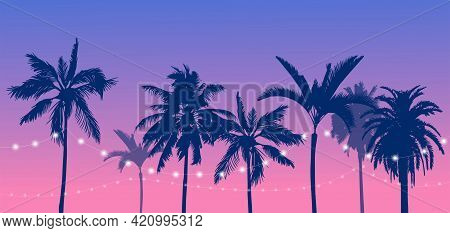 Vector Illustration, Image Of Palm Trees On A Warm Summer Evening