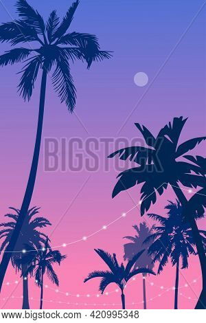 Vector Illustration, Image Of Palm Trees On A Warm Summer Evening