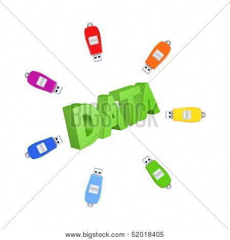 Colorful flashdrives around word DATA.