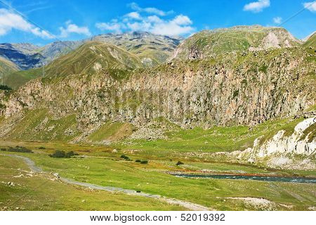 Mountain Valley Of River Terek In Georgia