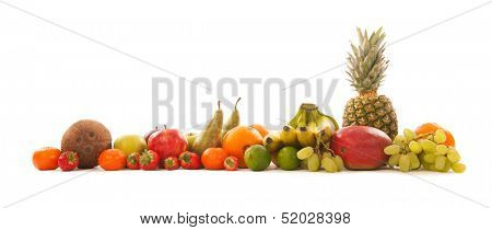 long row with fresh fruit isolated over white background