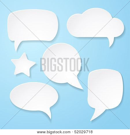 Set Of White Paper Speech Bubbles On Blue Background. Vector Abstract Illustration