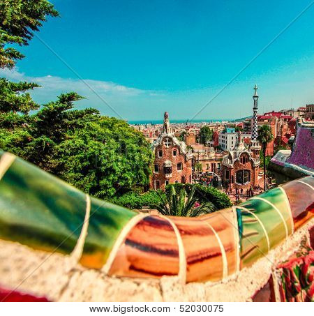 Ceramic mosaic Park Guell in Barcelona, Spain. Park Guell is the famous architectural town art designed by Antoni Gaudi and built in the years 1900 to 1914