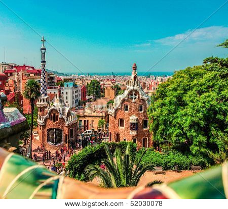 Ceramic mosaic Park Guell in Barcelona, Spain. Park Guell is the famous architectural town art designed by Antoni Gaudi and built in the years 1900 to 1914