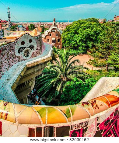  Ceramic mosaic Park Guell in Barcelona, Spain. Park Guell is the famous architectural town art designed by Antoni Gaudi and built in the years 1900 to 1914