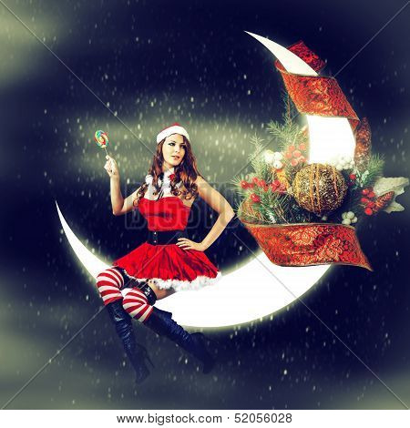 Christmas Card.  Sexy Woman In Santa Claus Clothes