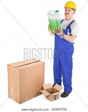 Worker Recives Delivery With Green Liquid